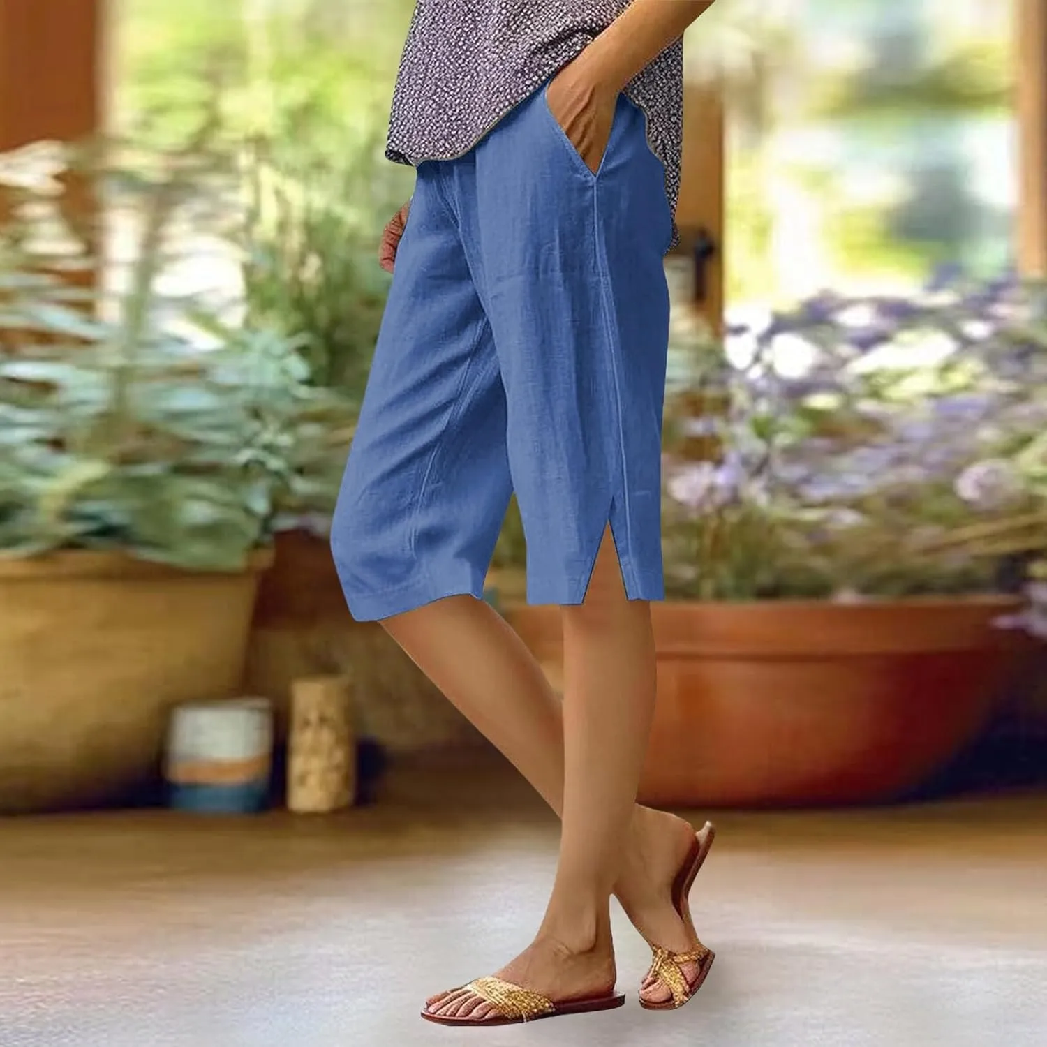 Pedal Pushers for Women Lightweight Linen Capri Pants Casual Elastic Waist Bermuda Shorts Summer Beach Pant