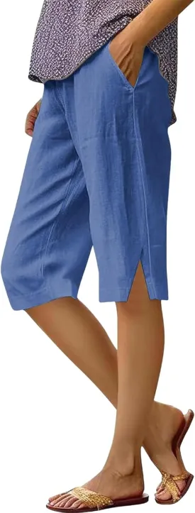 Pedal Pushers for Women Lightweight Linen Capri Pants Casual Elastic Waist Bermuda Shorts Summer Beach Pant