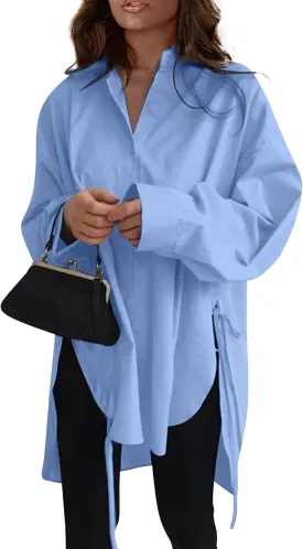 Plus Size Womens Tops Button Down Long Sleeve Boyfriend Long Shirts Fall Henley V Neck Tops Lapel Collared Blouses