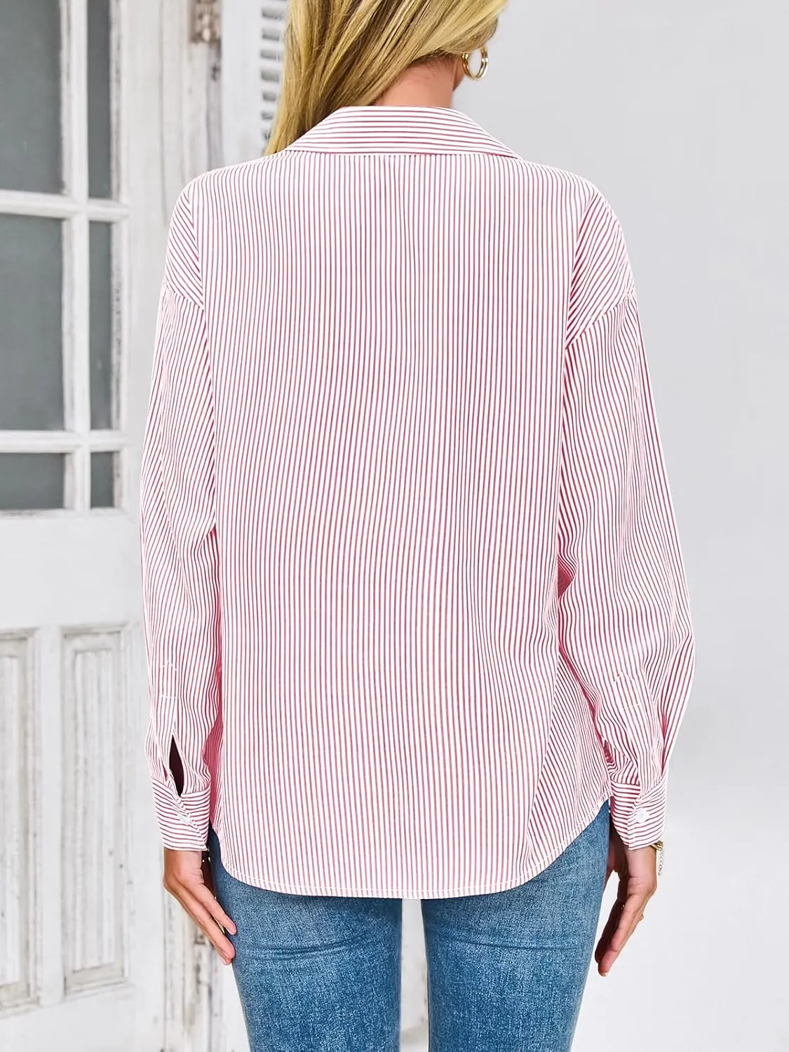 PRETTYGARDEN Womens Button Down Shirts Striped Long Sleeve Casual Collared Office Business Work Spring Blouses Tops