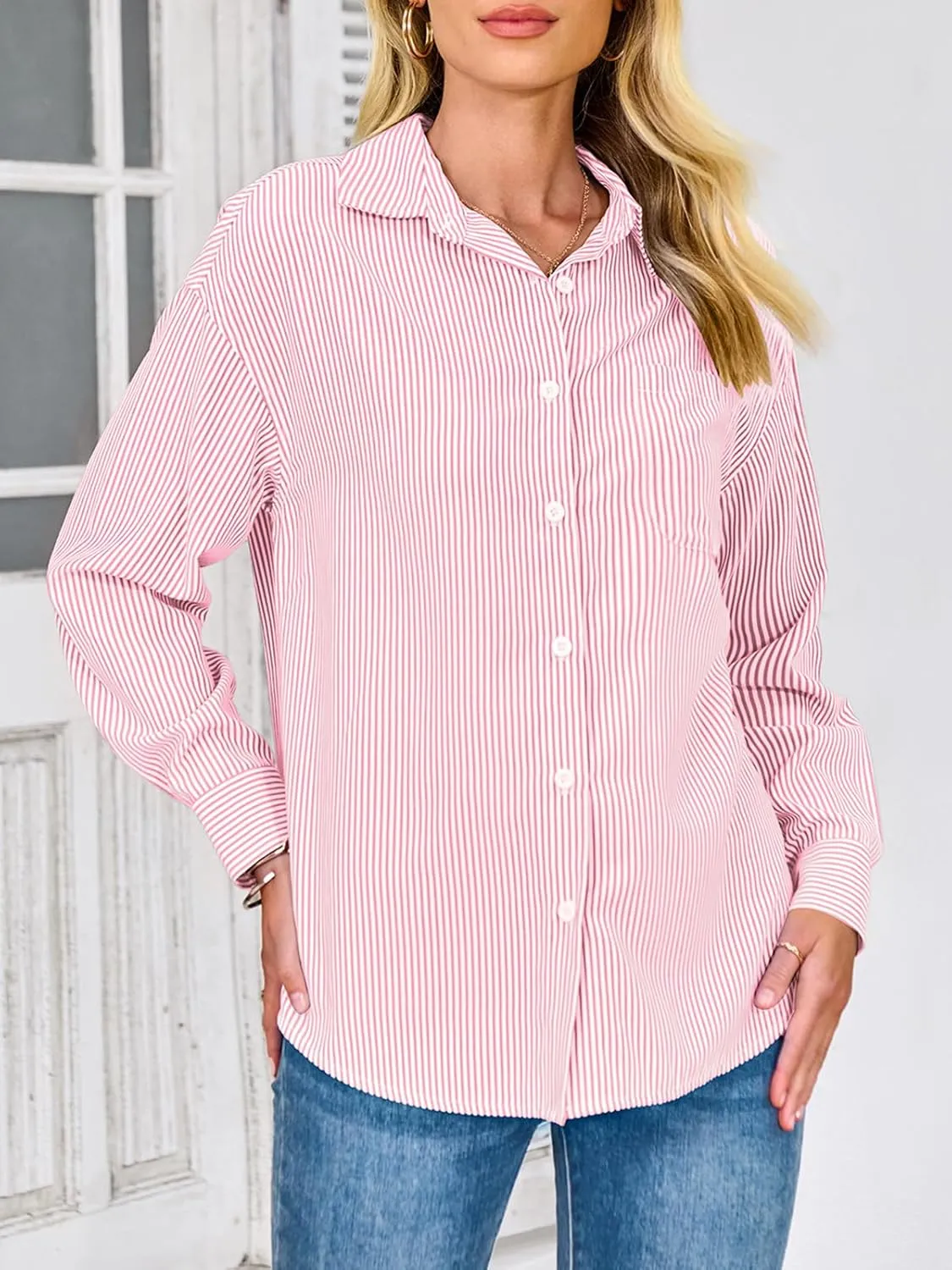 PRETTYGARDEN Womens Button Down Shirts Striped Long Sleeve Casual Collared Office Business Work Spring Blouses Tops