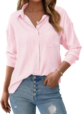 PRETTYGARDEN Womens Button Down Shirts Striped Long Sleeve Casual Collared Office Business Work Spring Blouses Tops