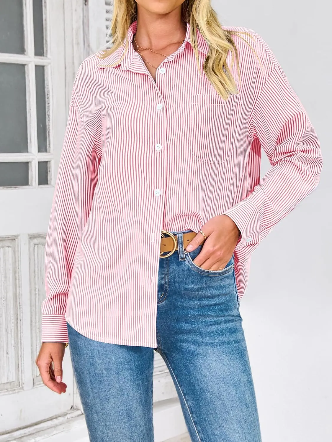 PRETTYGARDEN Womens Button Down Shirts Striped Long Sleeve Casual Collared Office Business Work Spring Blouses Tops