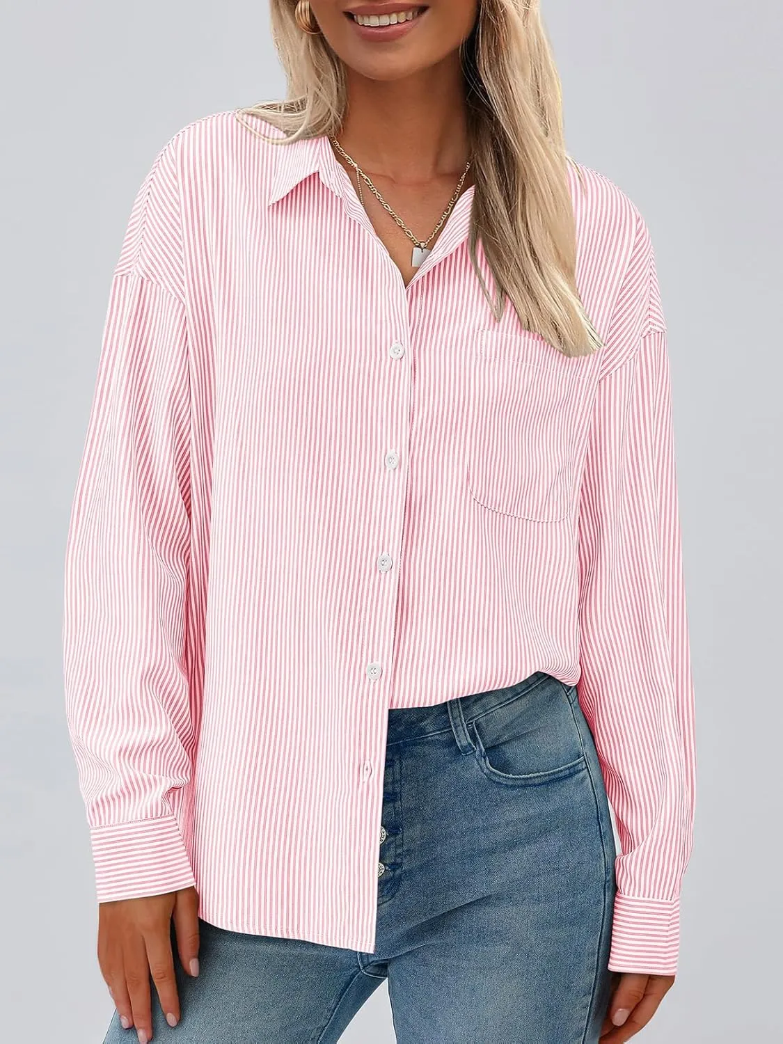 PRETTYGARDEN Womens Button Down Shirts Striped Long Sleeve Casual Collared Office Business Work Spring Blouses Tops