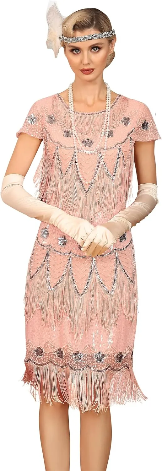 PrettyGuide Womens Flapper Dress with Sleeves Art Deco Sequin Beaded Fringe 1920s Vintage Great Gatsby Party Dress