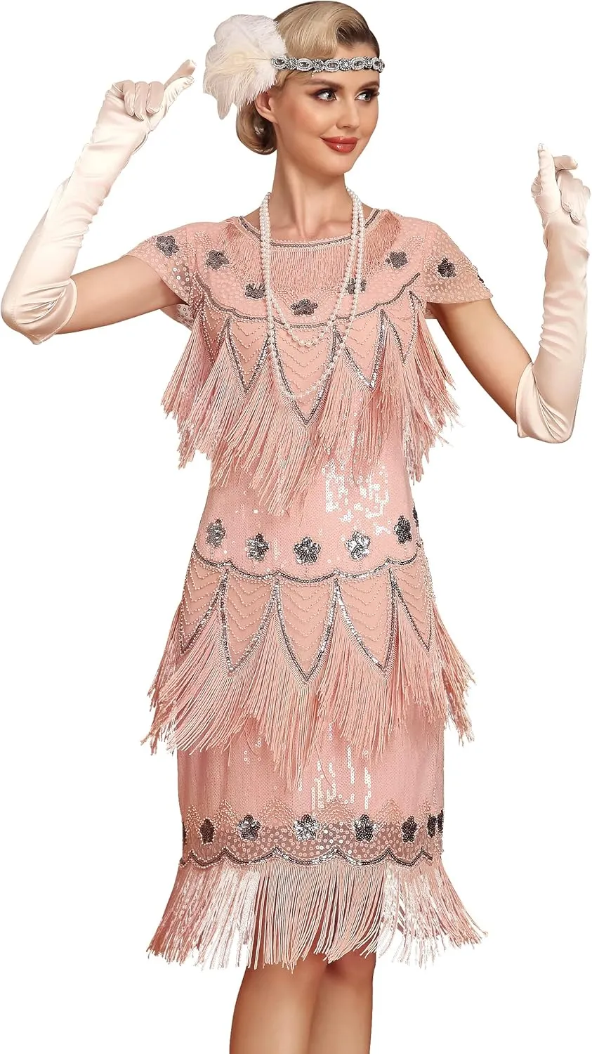 PrettyGuide Womens Flapper Dress with Sleeves Art Deco Sequin Beaded Fringe 1920s Vintage Great Gatsby Party Dress
