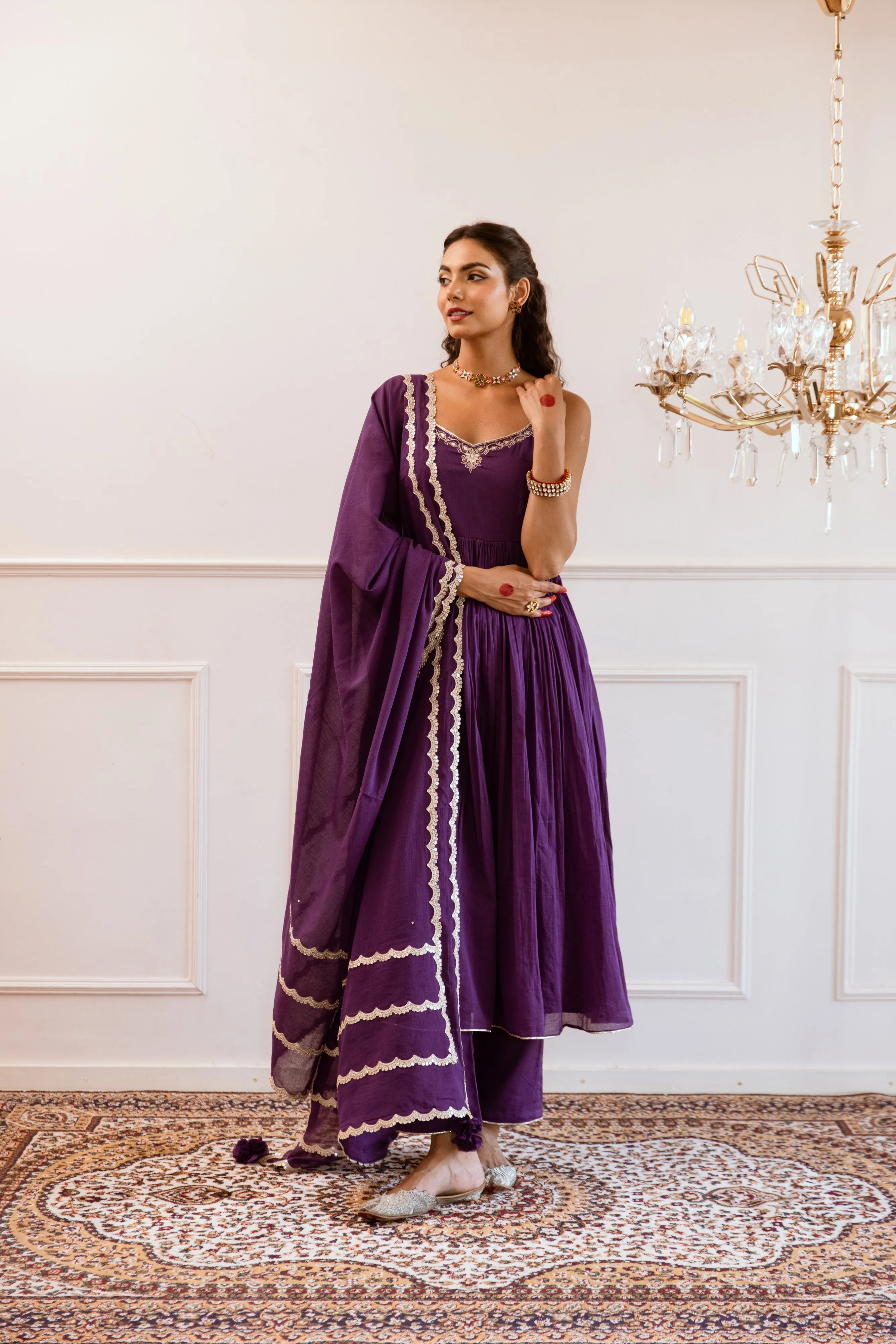Purple Mulmul Gotta Patti Work Strappy Anarkali Set