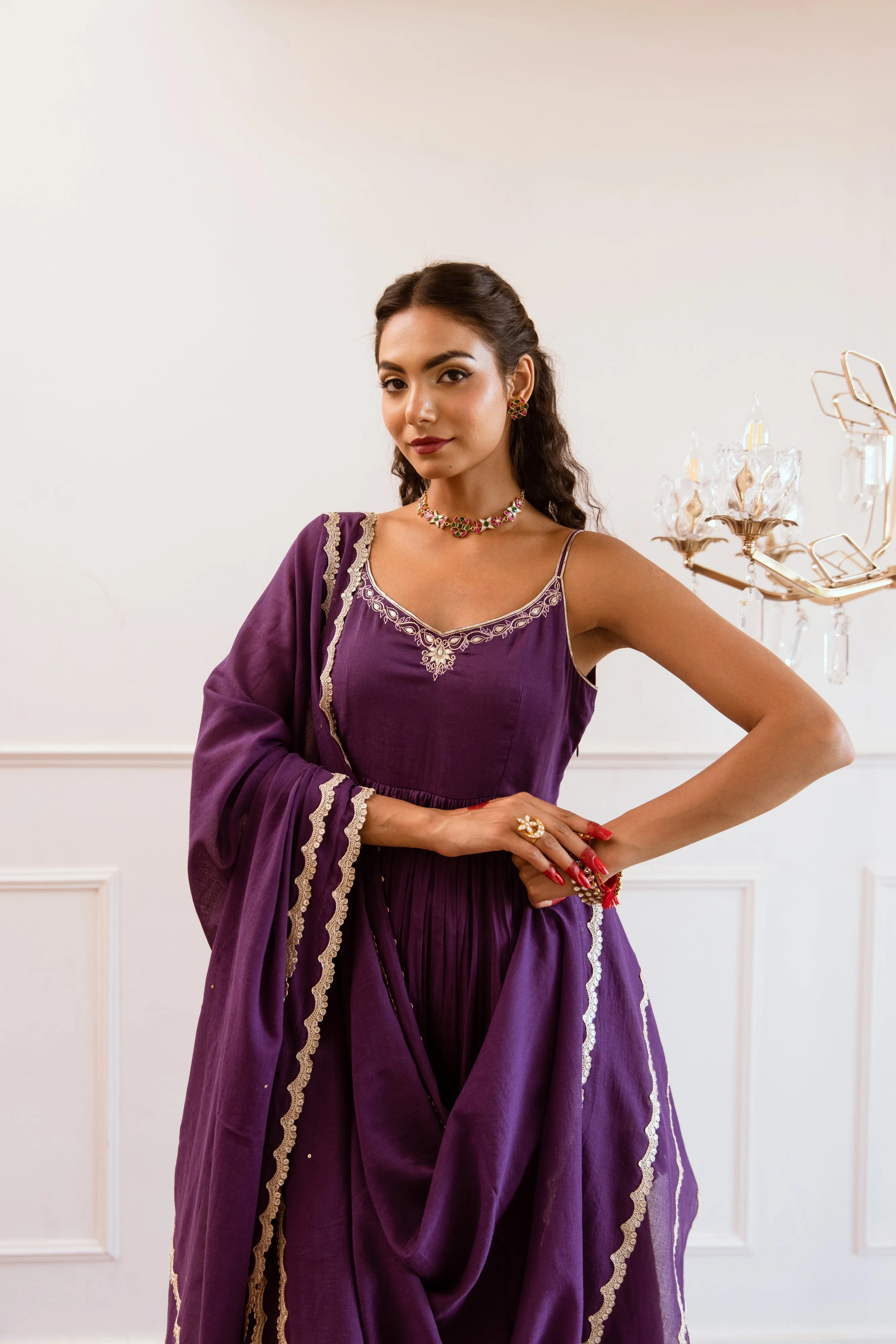 Purple Mulmul Gotta Patti Work Strappy Anarkali Set