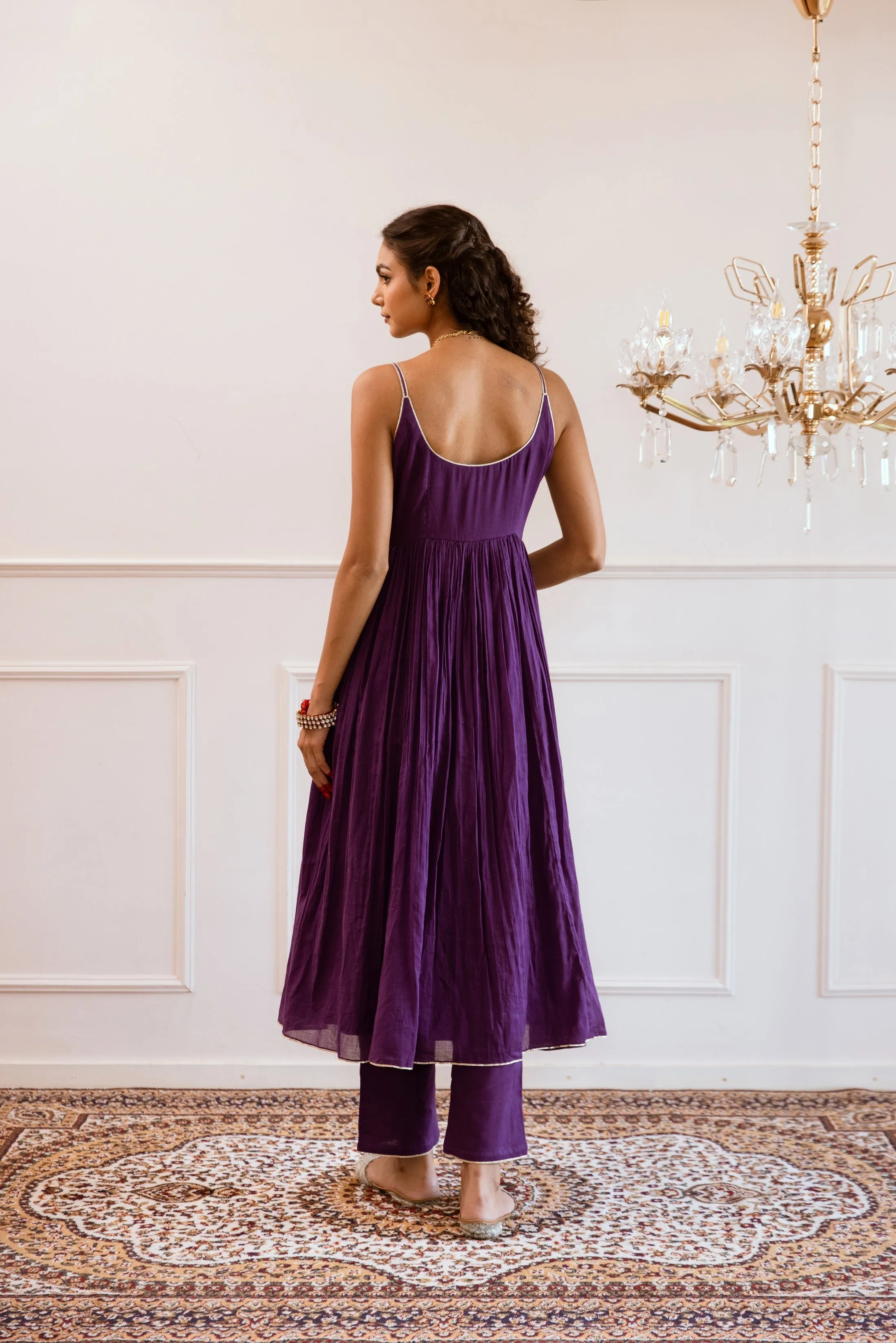 Purple Mulmul Gotta Patti Work Strappy Anarkali Set
