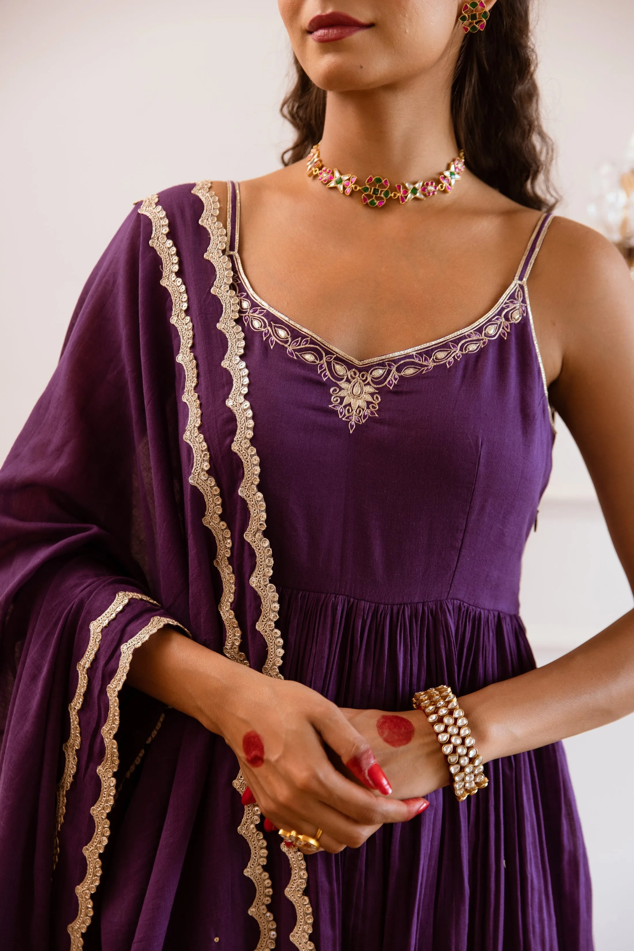 Purple Mulmul Gotta Patti Work Strappy Anarkali Set