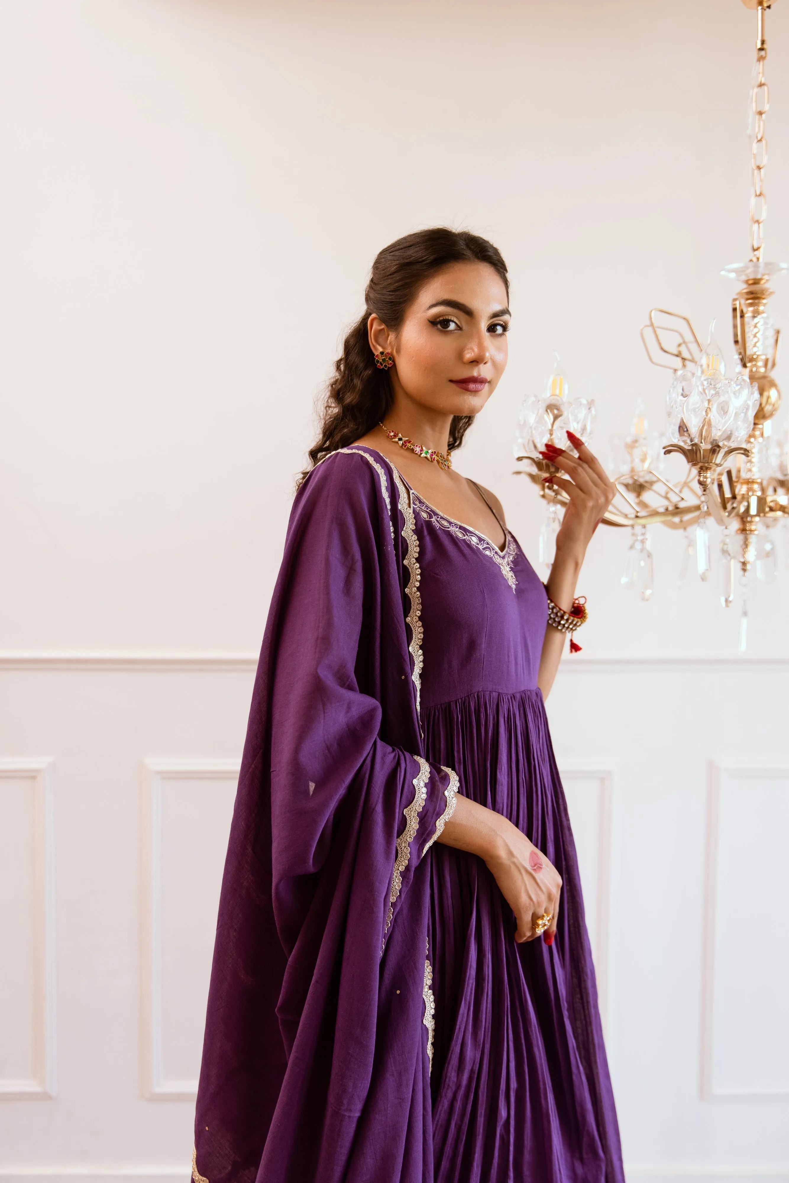 Purple Mulmul Gotta Patti Work Strappy Anarkali Set