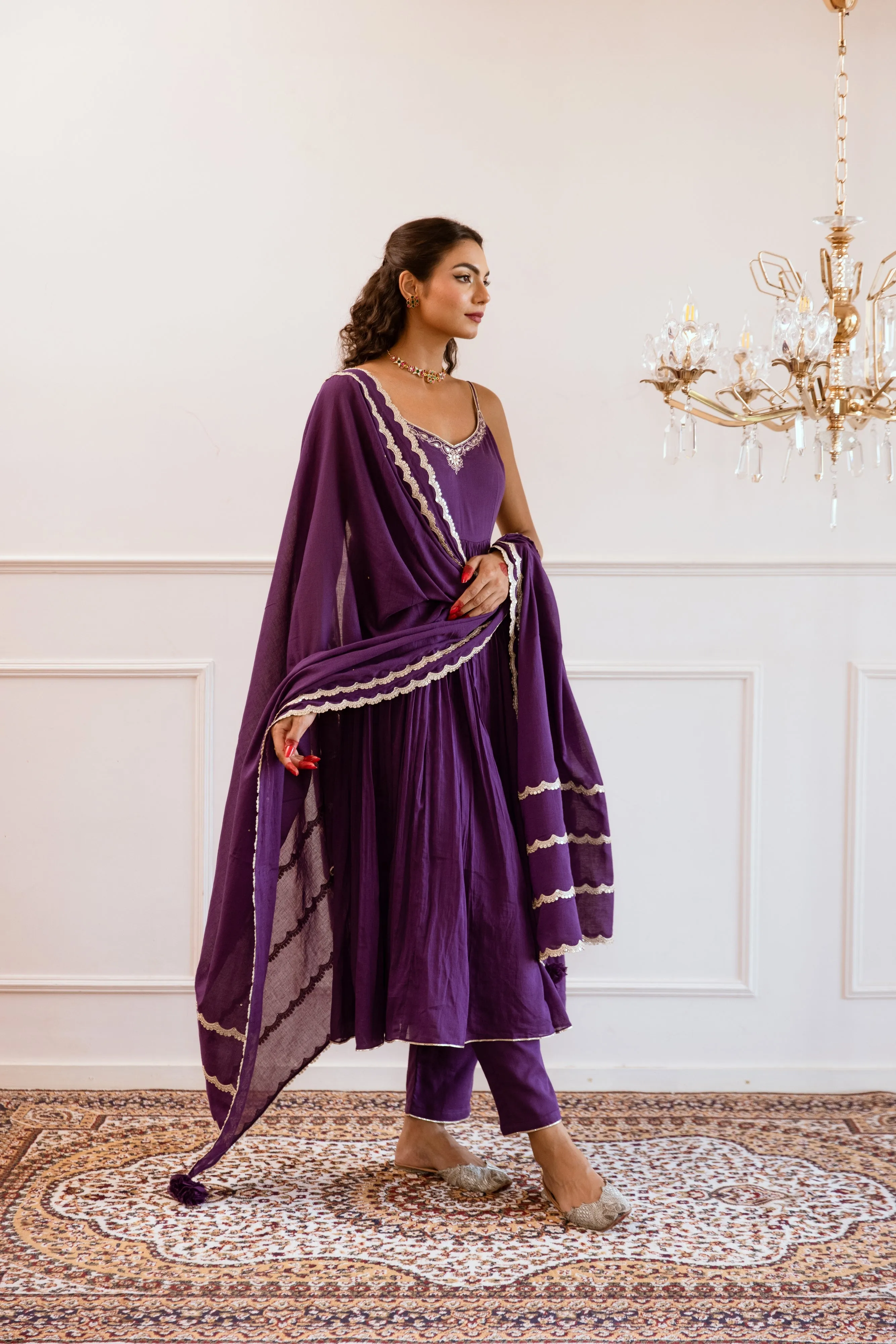Purple Mulmul Gotta Patti Work Strappy Anarkali Set