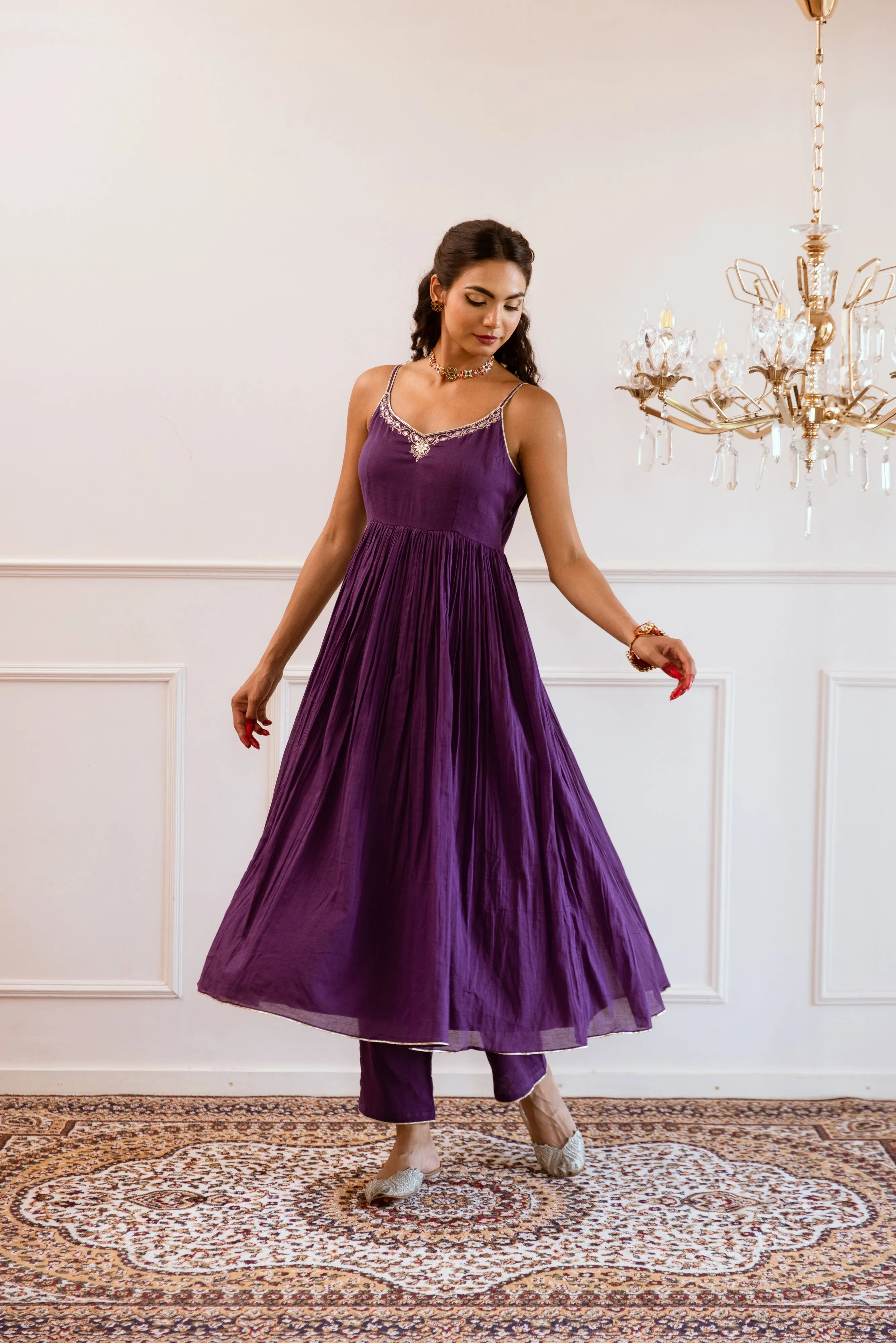 Purple Mulmul Gotta Patti Work Strappy Anarkali Set