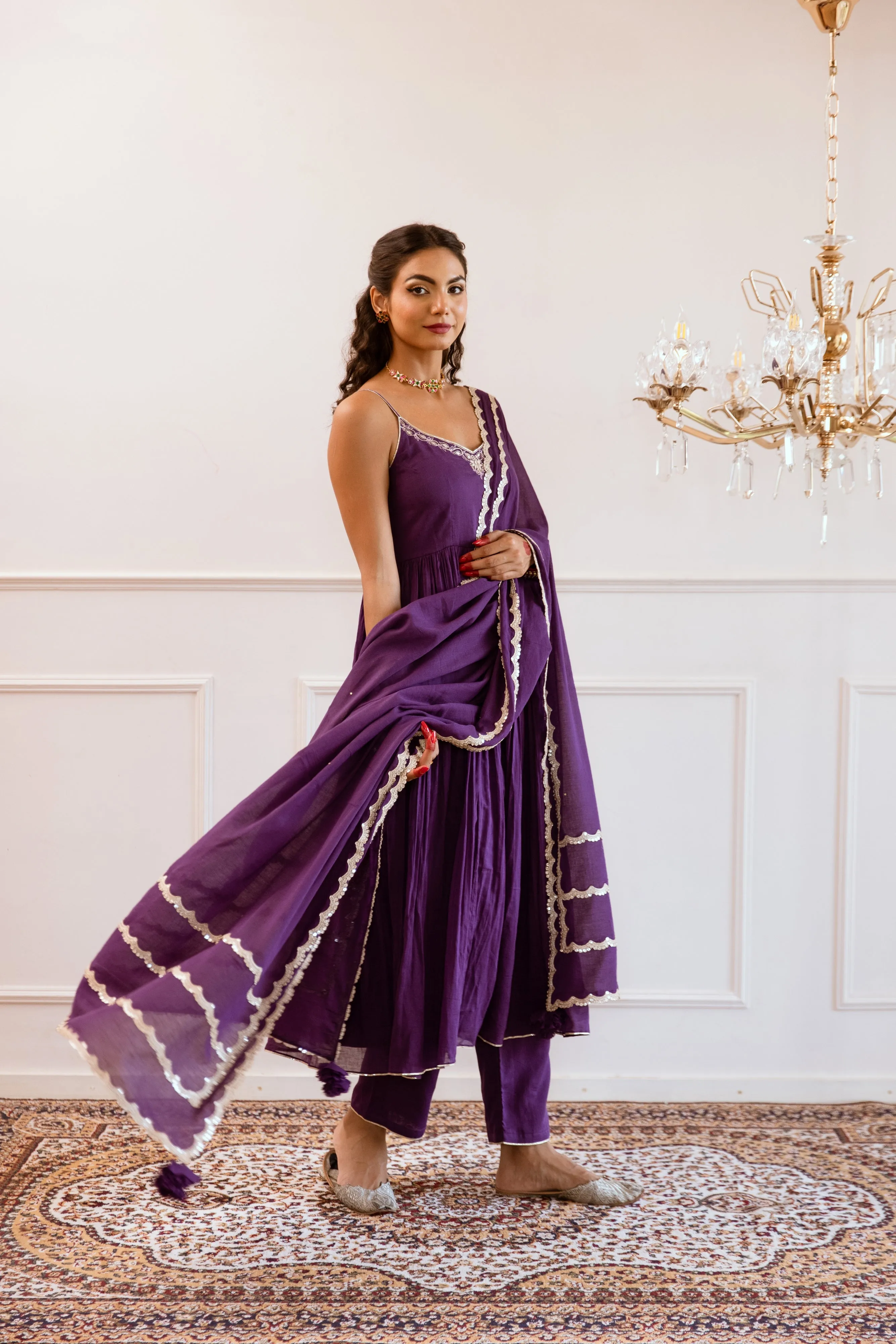 Purple Mulmul Gotta Patti Work Strappy Anarkali Set