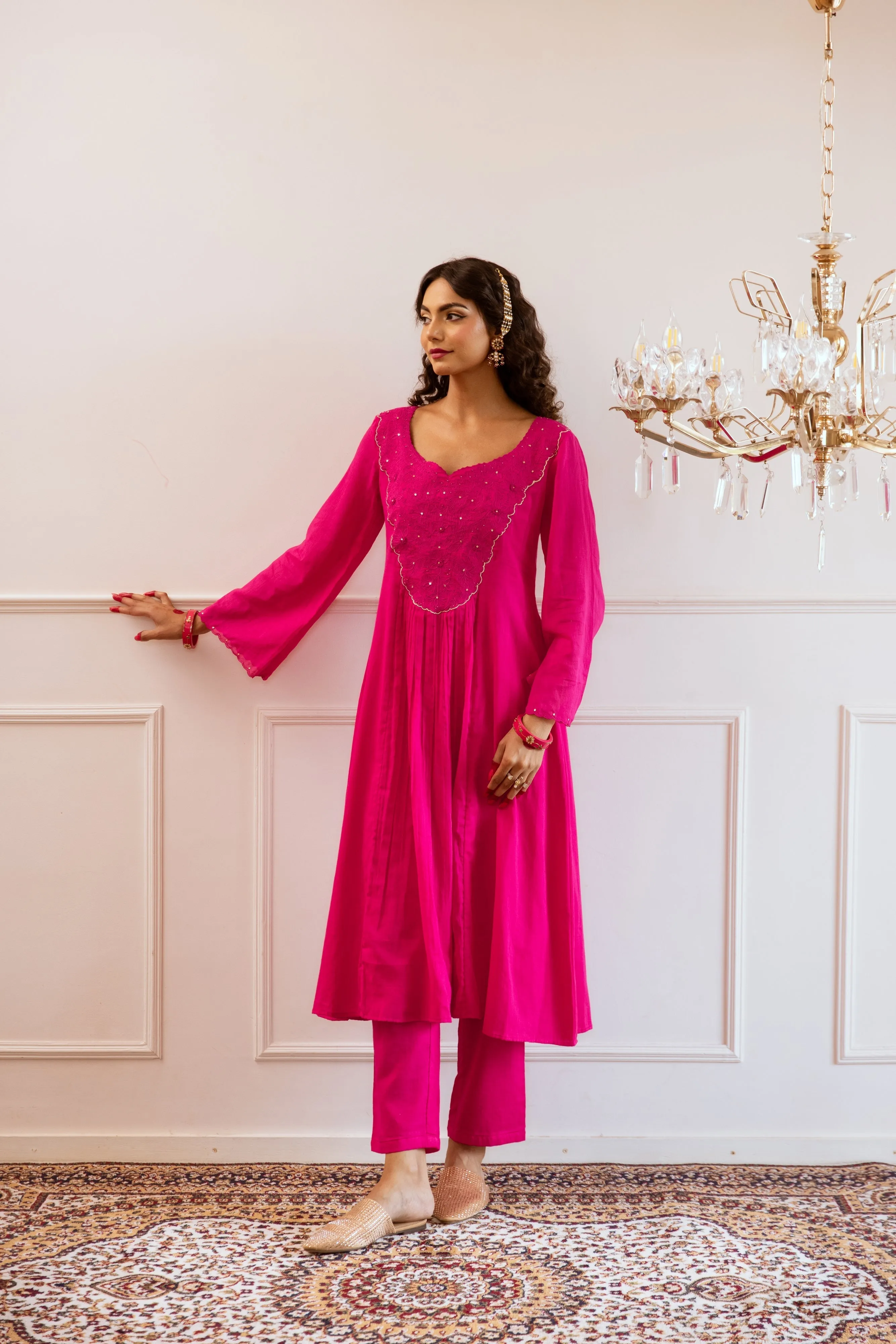 Rani Pink Mulmul Yoke Embroidered Anarkali Set