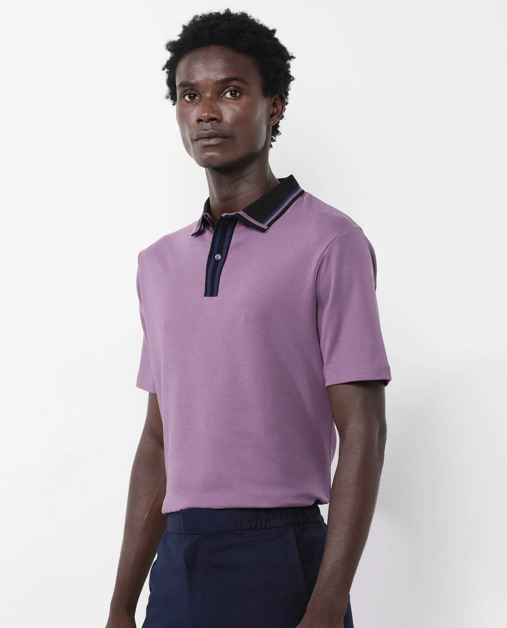 Rare Rabbit Men's Territ Dusky Purple Short Sleeve Collared Neck Regular Fit Plain Polo T-Shirt