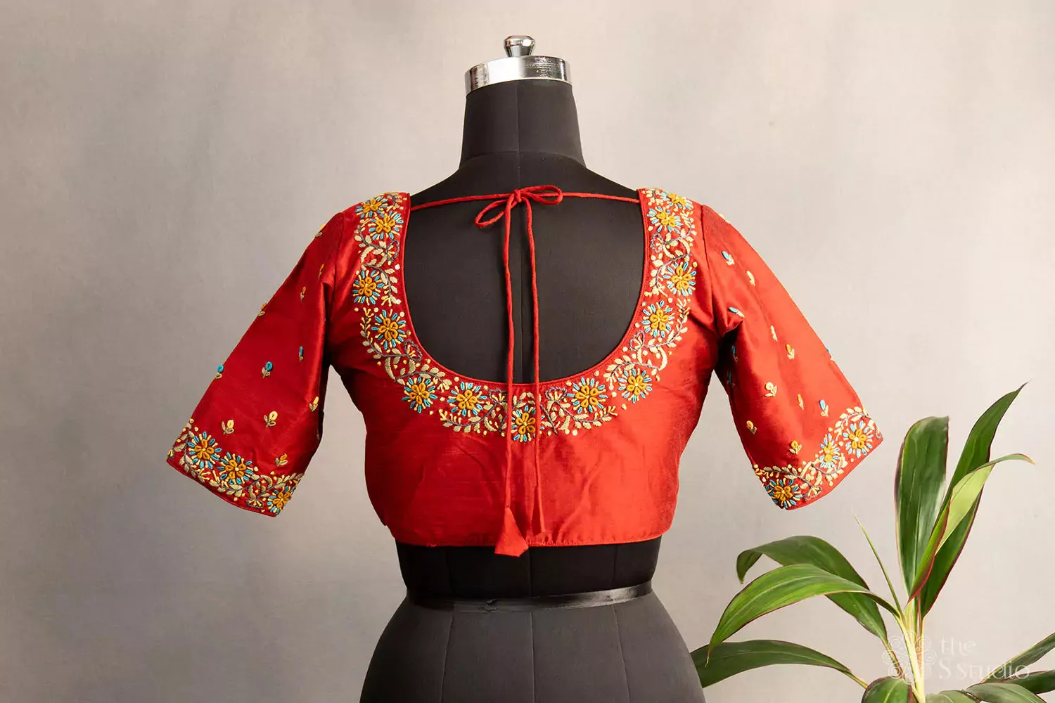 Red hand embroidered raw silk blouse with neck pattern