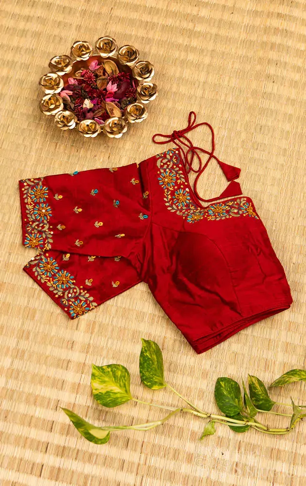 Red hand embroidered raw silk blouse with neck pattern