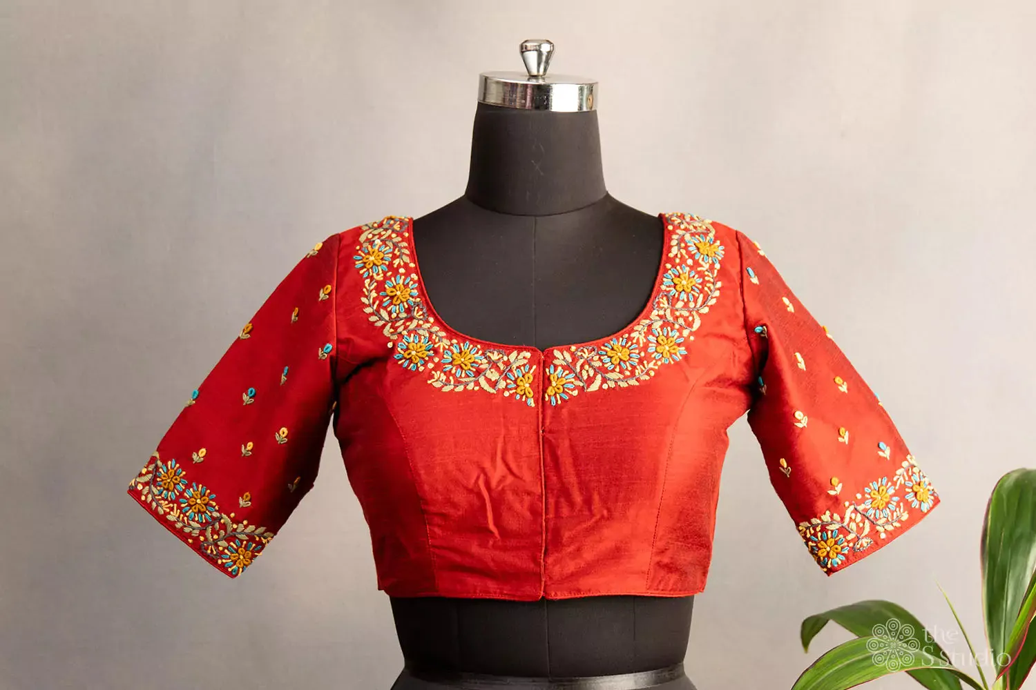 Red hand embroidered raw silk blouse with neck pattern