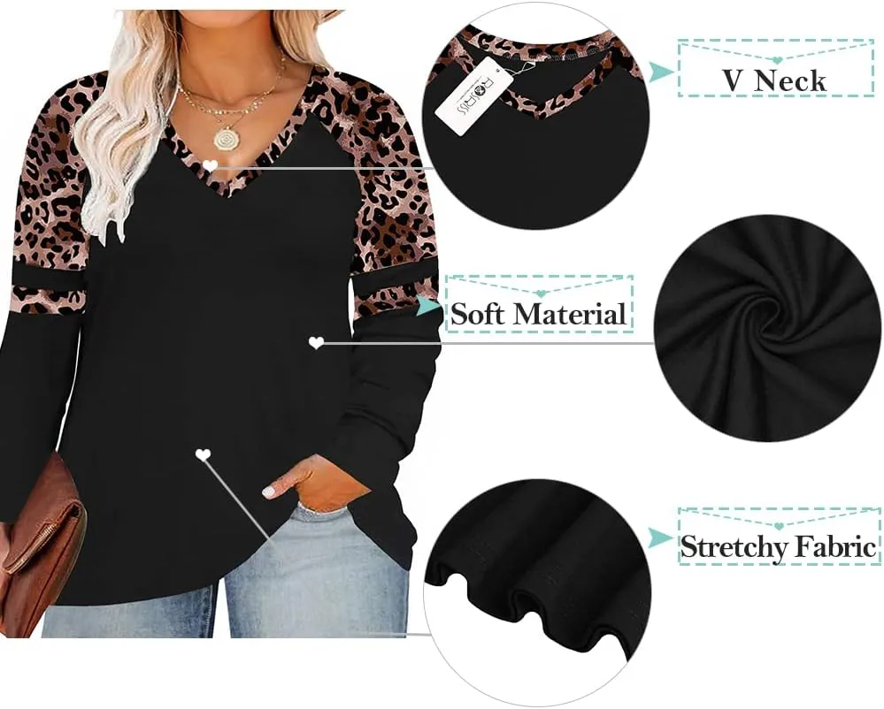 ROSRISS Plus Size Tops for Women Long Sleeve Tees V Neck Tunics Solid Color Blouse T Shirts