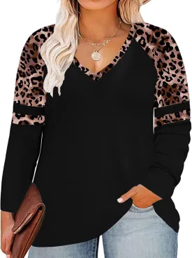 ROSRISS Plus Size Tops for Women Long Sleeve Tees V Neck Tunics Solid Color Blouse T Shirts