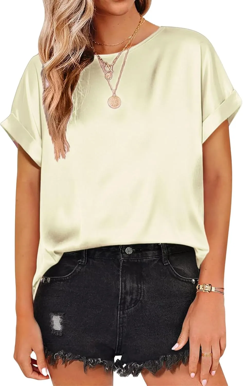 Satin Tops for Women Casual Short Sleeve Shirts Crewneck Pullover Tops Loose Fit Work Blouses 2025 Y2K Tee Tops