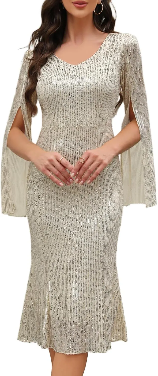Sequin Cocktail Formal Dresses for Women,Weddings Guest Evening Party Gowns Slim Midi Fishtail Dress