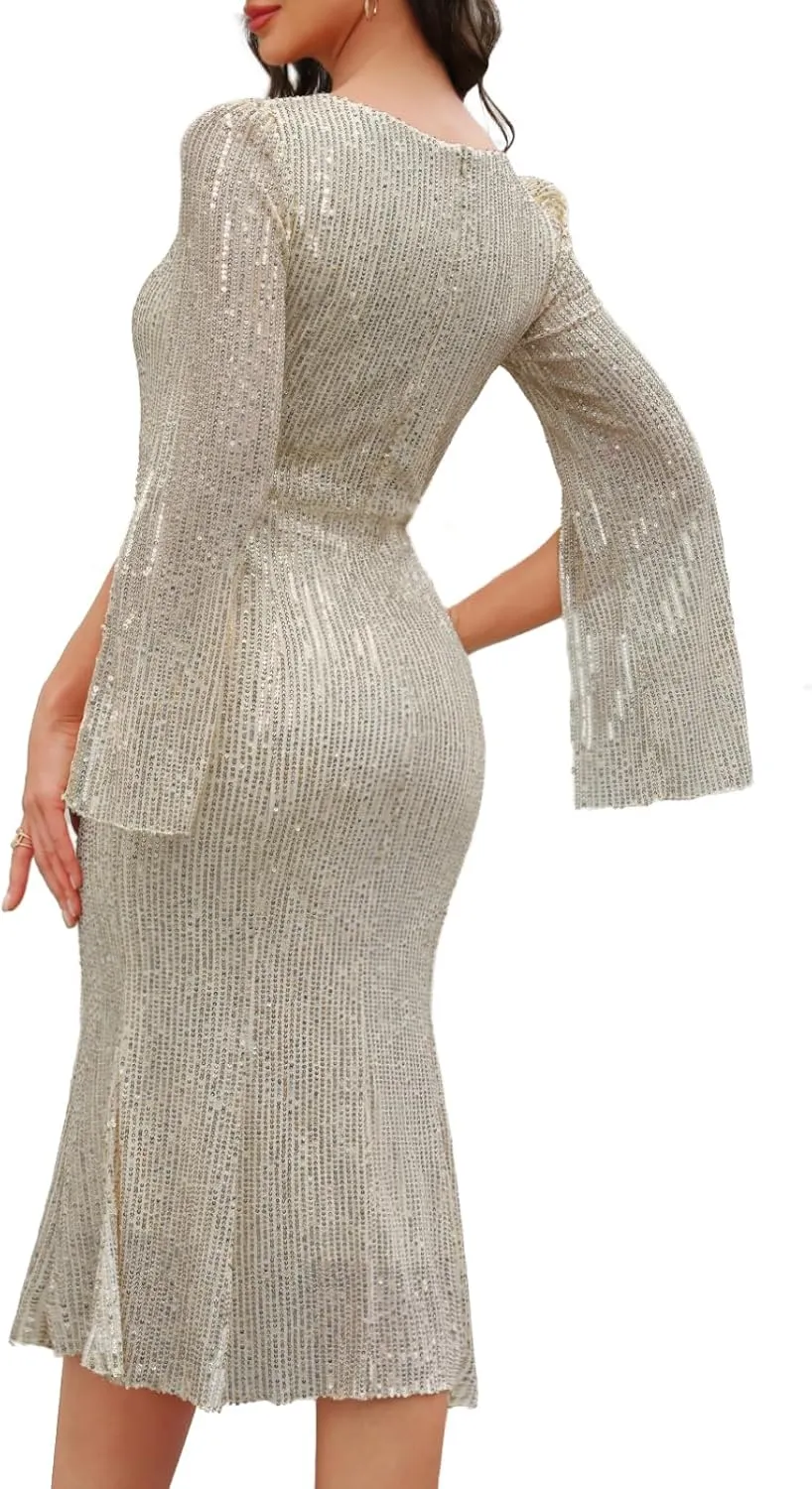 Sequin Cocktail Formal Dresses for Women,Weddings Guest Evening Party Gowns Slim Midi Fishtail Dress