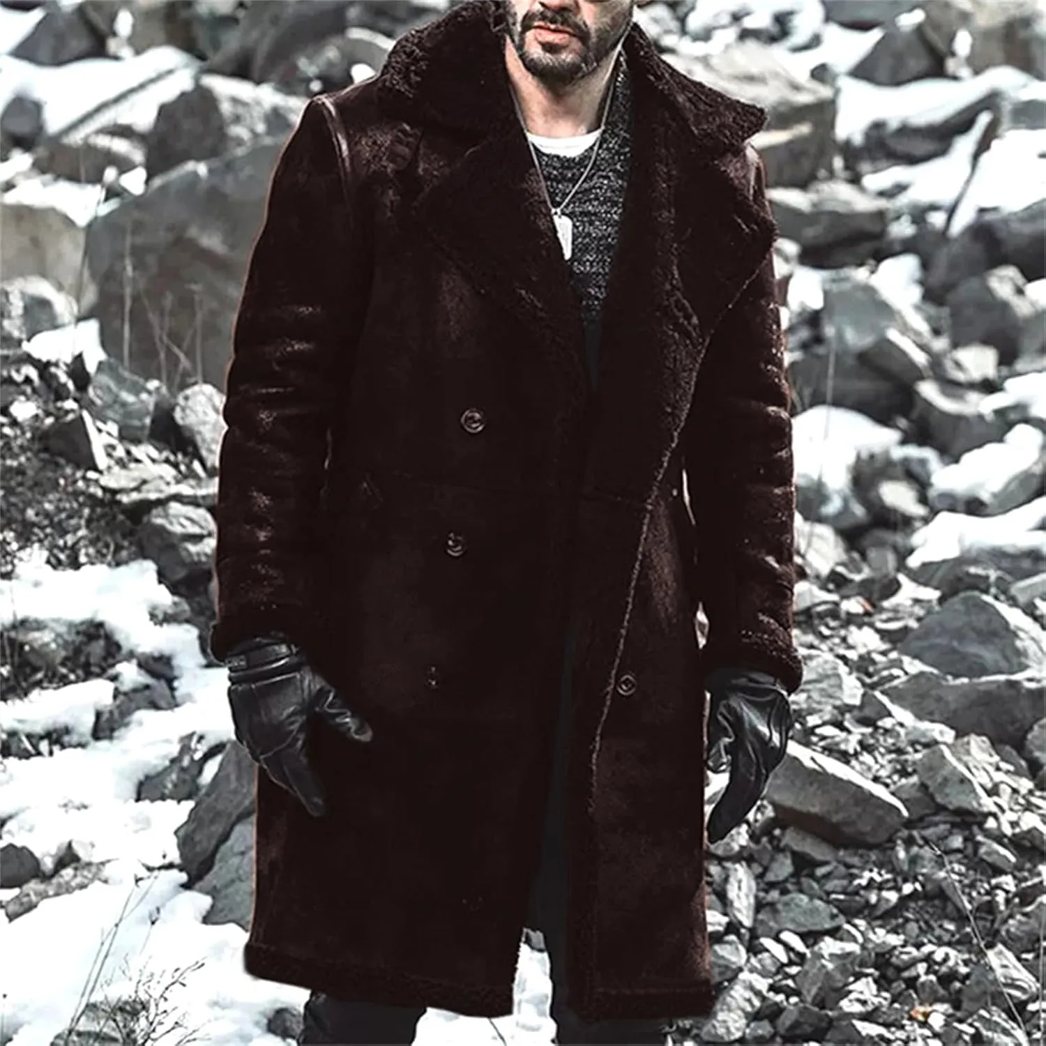 Shearling Leather Coat Men Faux Suede Sherpa Lined Sheepskin Jacket Aviator Bomber Warm Winter Jacket Long Trench Coats