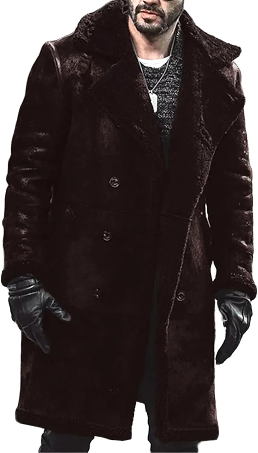 Shearling Leather Coat Men Faux Suede Sherpa Lined Sheepskin Jacket Aviator Bomber Warm Winter Jacket Long Trench Coats
