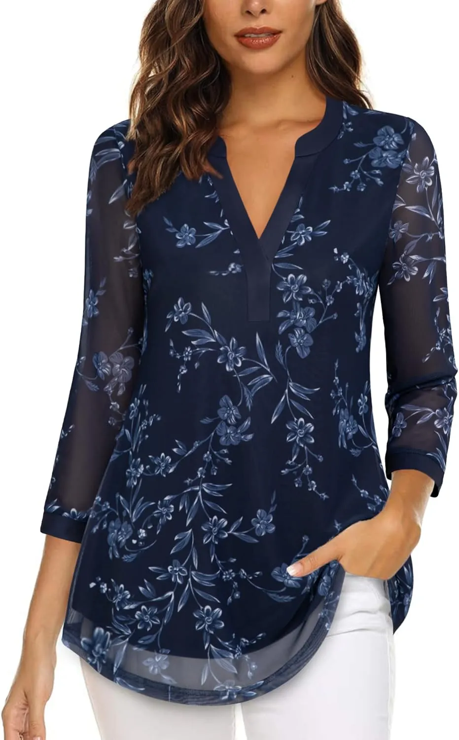 Timeson Women's 3/4 Sleeve Blouses Casual V Neck Dress Shirts Double Layers Mesh Tunics Tops