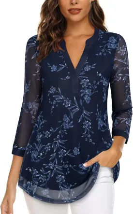Timeson Women's 3/4 Sleeve Blouses Casual V Neck Dress Shirts Double Layers Mesh Tunics Tops