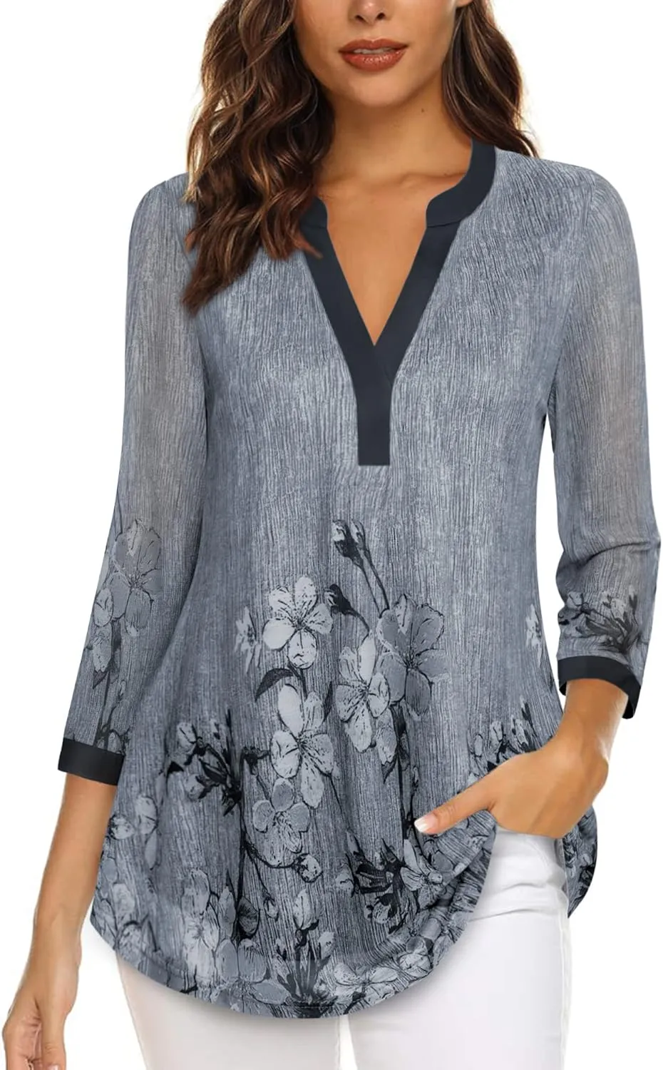 Timeson Women's 3/4 Sleeve Blouses Casual V Neck Dress Shirts Double Layers Mesh Tunics Tops