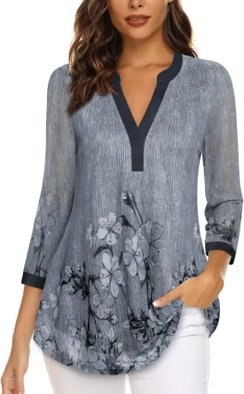 Timeson Women's 3/4 Sleeve Blouses Casual V Neck Dress Shirts Double Layers Mesh Tunics Tops
