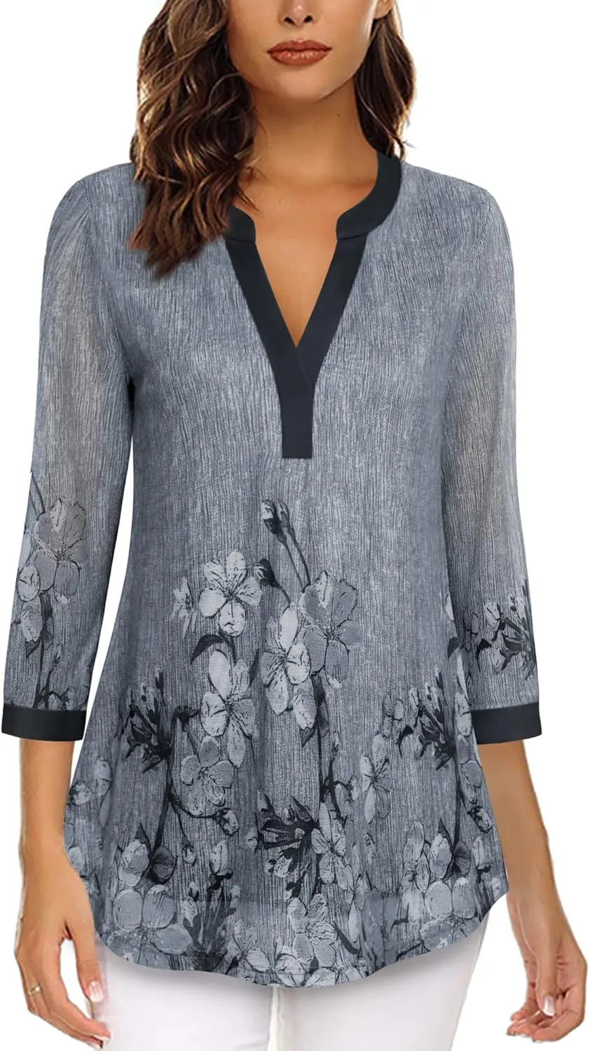 Timeson Women's 3/4 Sleeve Blouses Casual V Neck Dress Shirts Double Layers Mesh Tunics Tops