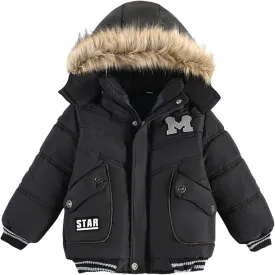 Toddler Boys Down Jacket Hood with Fur Collar Thick Warm Winter Fall Coat Parka Padded Fashion Warm Trim Outerwear
