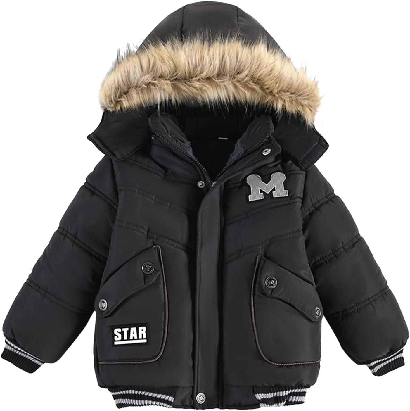 Toddler Boys Down Jacket Hood with Fur Collar Thick Warm Winter Fall Coat Parka Padded Fashion Warm Trim Outerwear