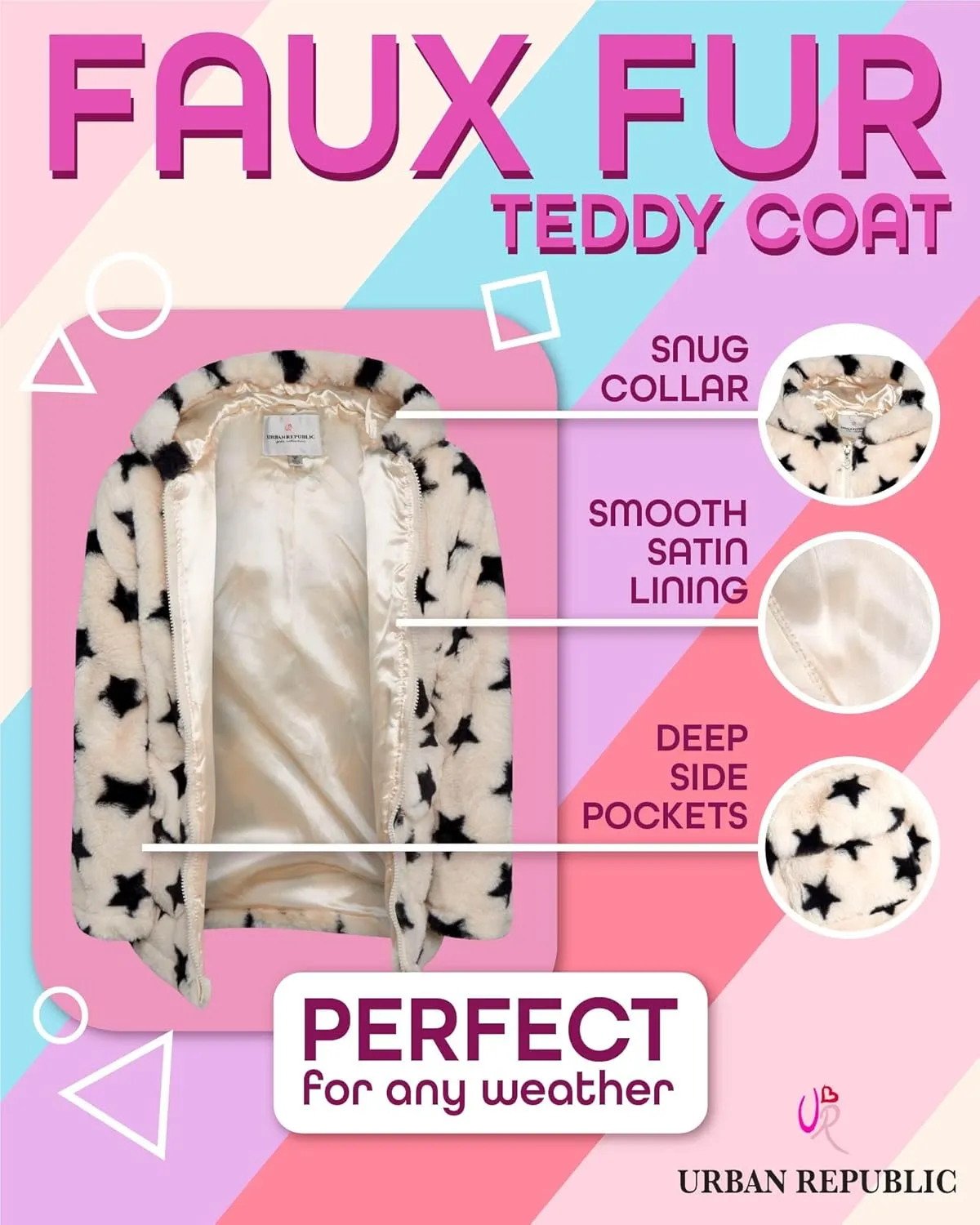 URBAN REPUBLIC Girls' Jacket - Faux Fur Plush Teddy Coat with Hood