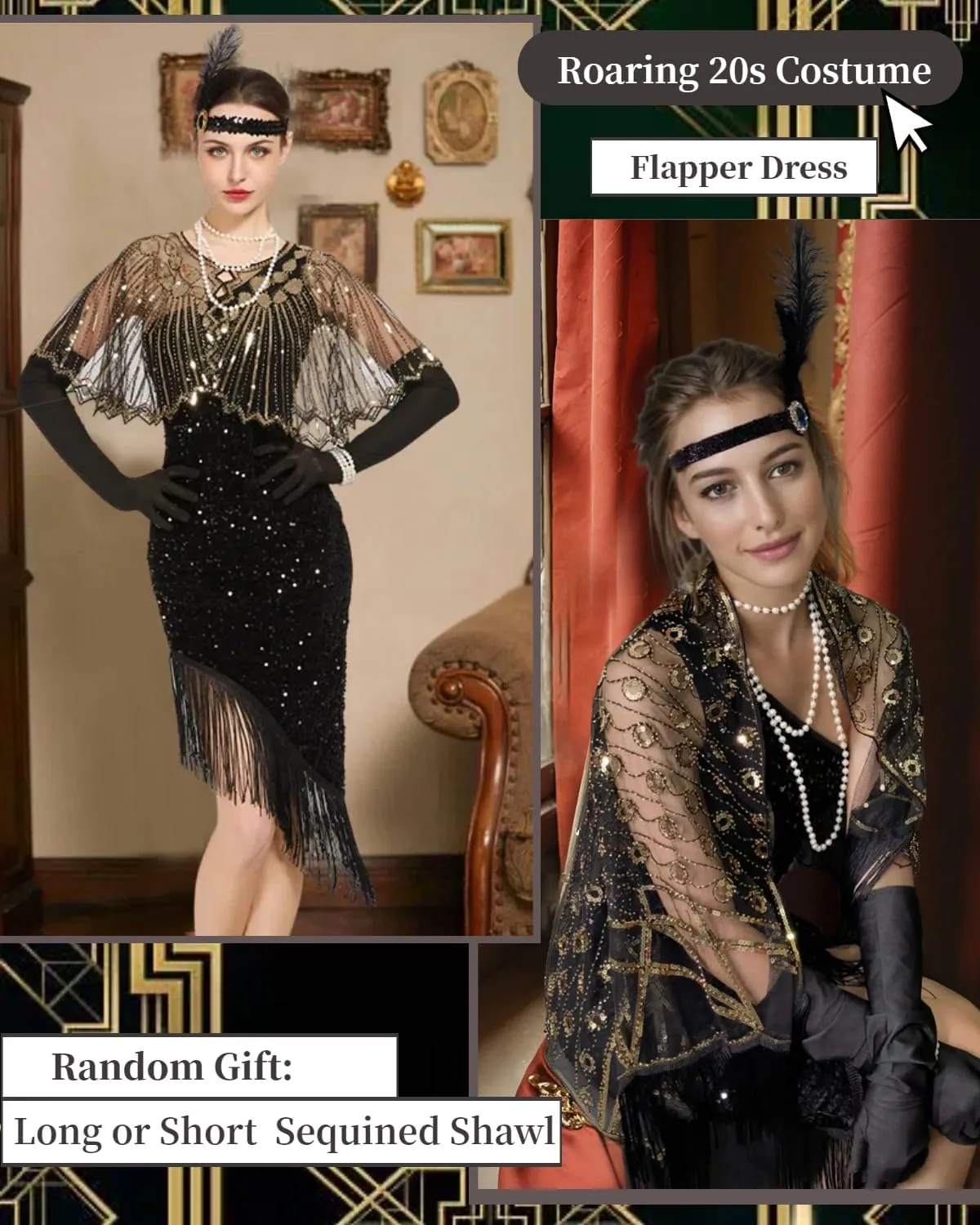Verceco Flapper Dresses 1920s Fringed Slimming Dresses for Women Roaring 20s Dresses with Flapper Shawl Wrap 20s Costumes