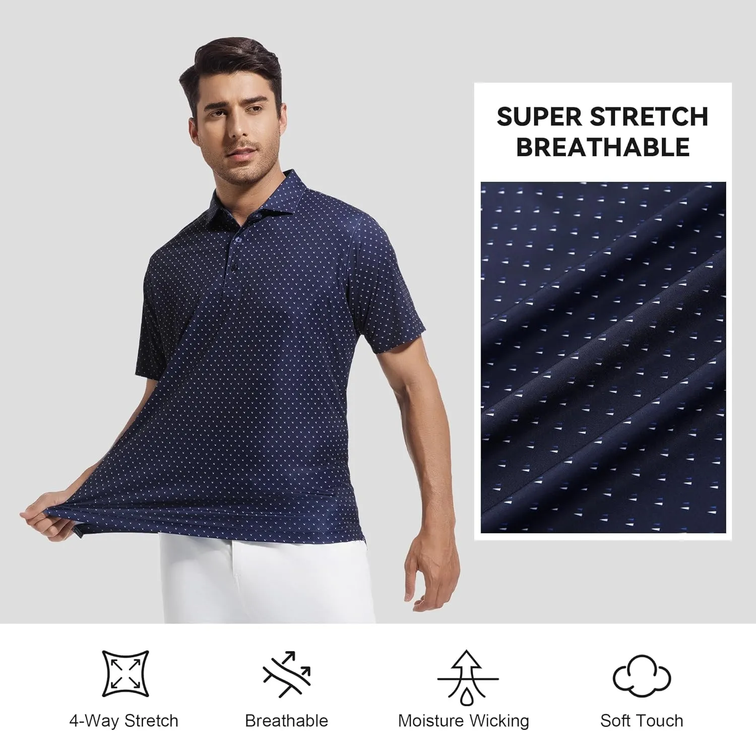 WARHORSEE Mens Golf Shirt Short Sleeve Super Stretch Printed Golf Polo Moisture Wicking Dry Fit Polo Shirts for Men