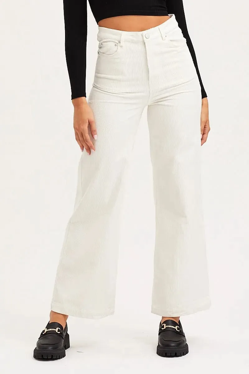 White Wide Leg Pants High Rise Corduroy