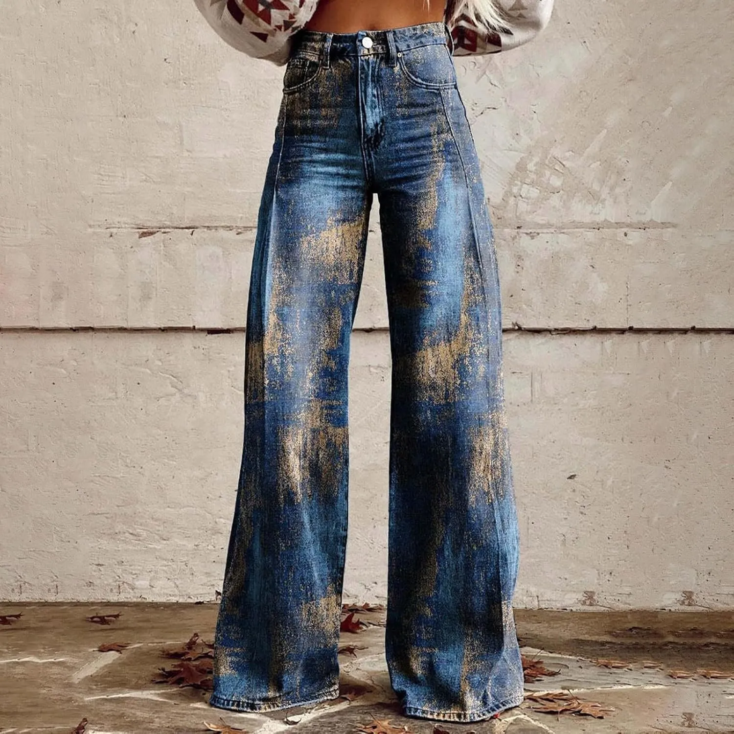 Wide Leg Flare Jeans for Women with Pockets Baggy Pants Vintage Floral Print High Waisted Loose Pant,Printed Jeans for Women