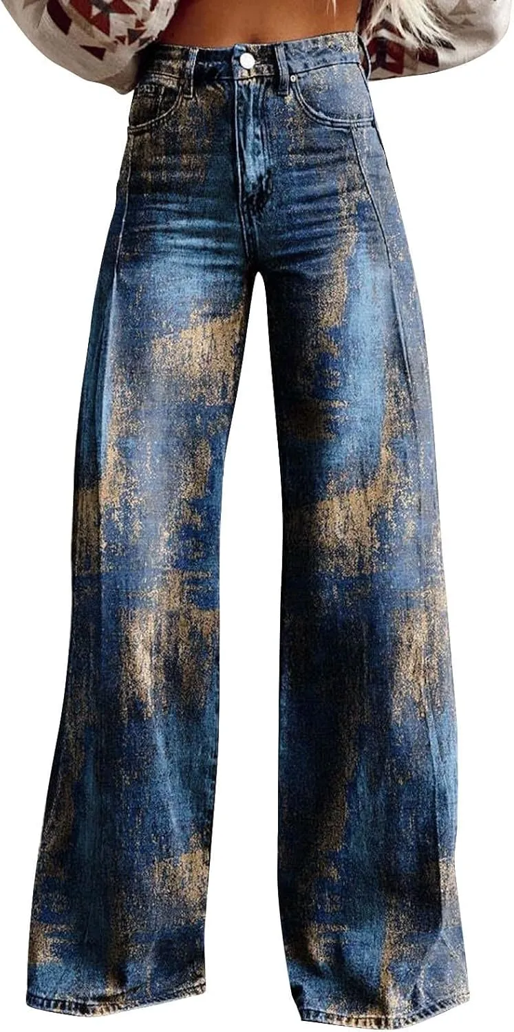 Wide Leg Flare Jeans for Women with Pockets Baggy Pants Vintage Floral Print High Waisted Loose Pant,Printed Jeans for Women