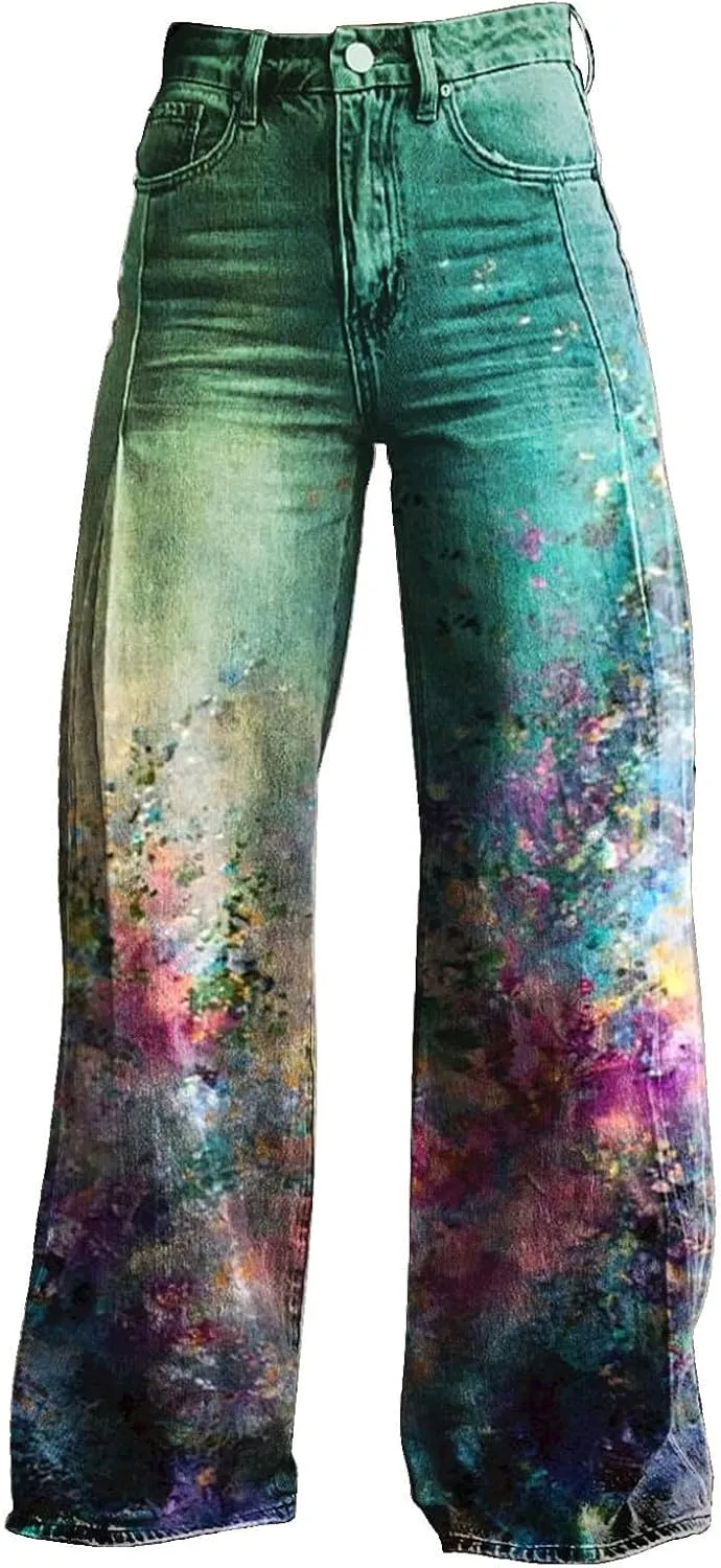 Wide Leg Flare Jeans for Women with Pockets Baggy Pants Vintage Floral Print High Waisted Loose Pant,Printed Jeans for Women