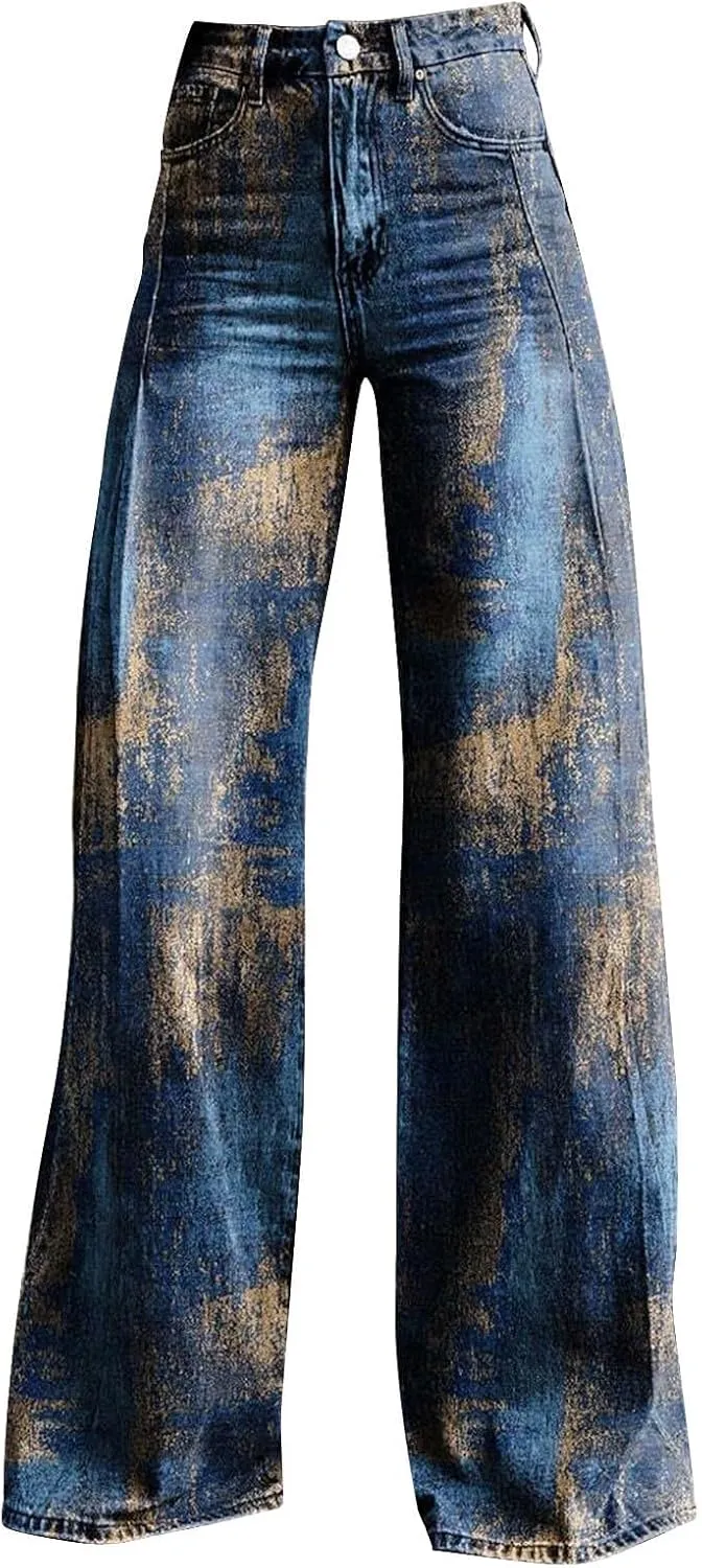Wide Leg Flare Jeans for Women with Pockets Baggy Pants Vintage Floral Print High Waisted Loose Pant,Printed Jeans for Women