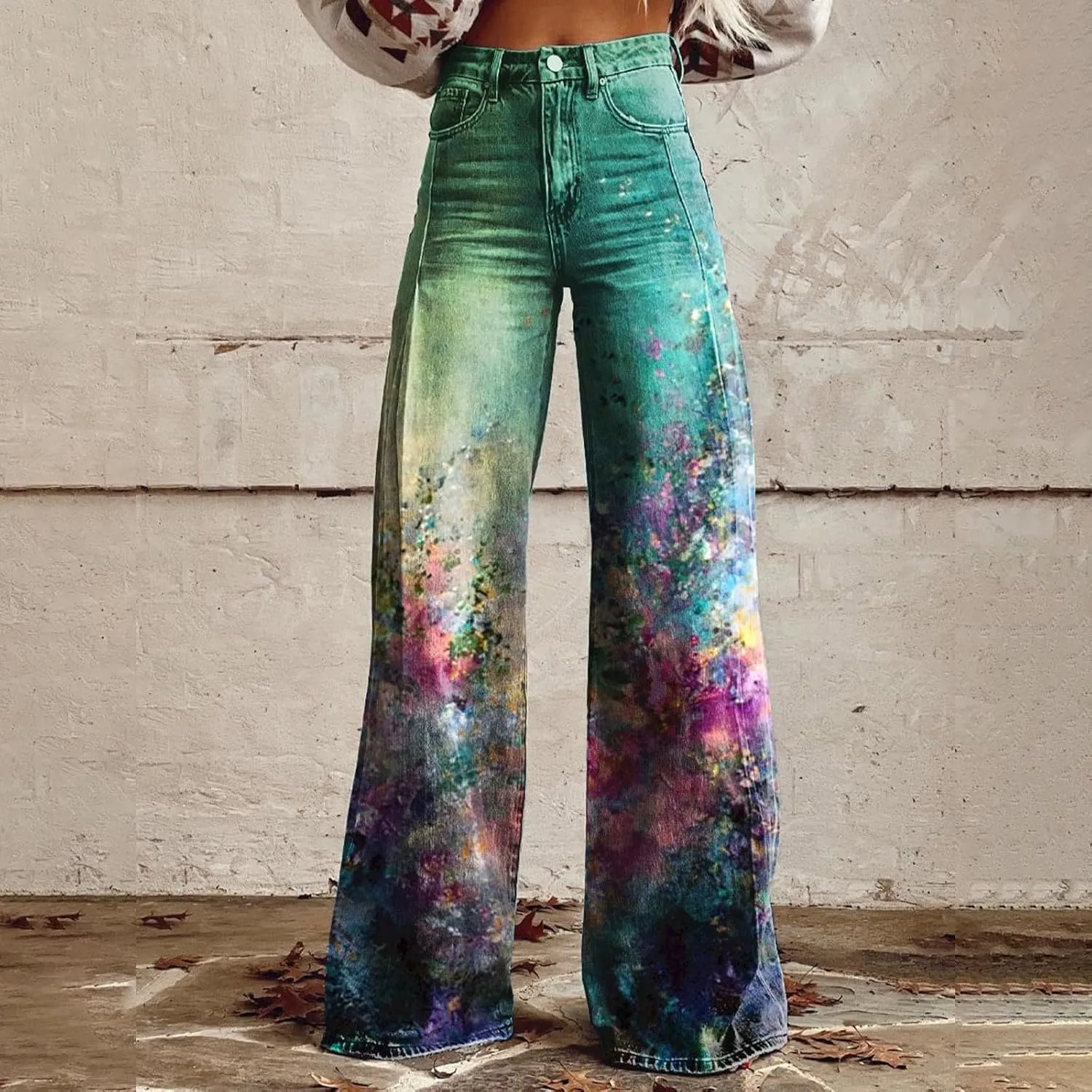 Wide Leg Flare Jeans for Women with Pockets Baggy Pants Vintage Floral Print High Waisted Loose Pant,Printed Jeans for Women