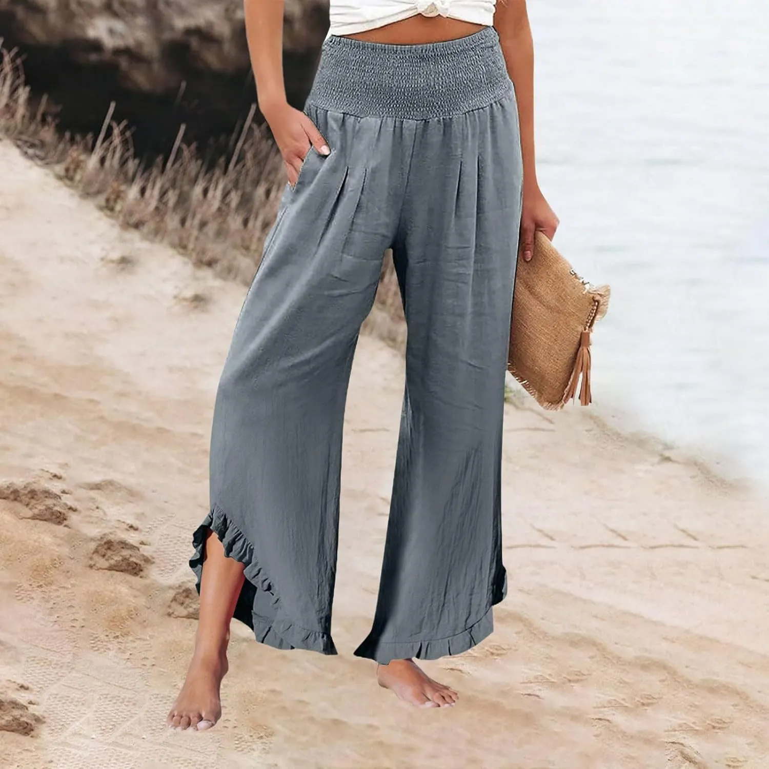 Wide Leg Pants Woman Flowy 2025 Summer Palazzo Trousers Dressy Cotton Linen Boho Long Pant Lounge with Pockets
