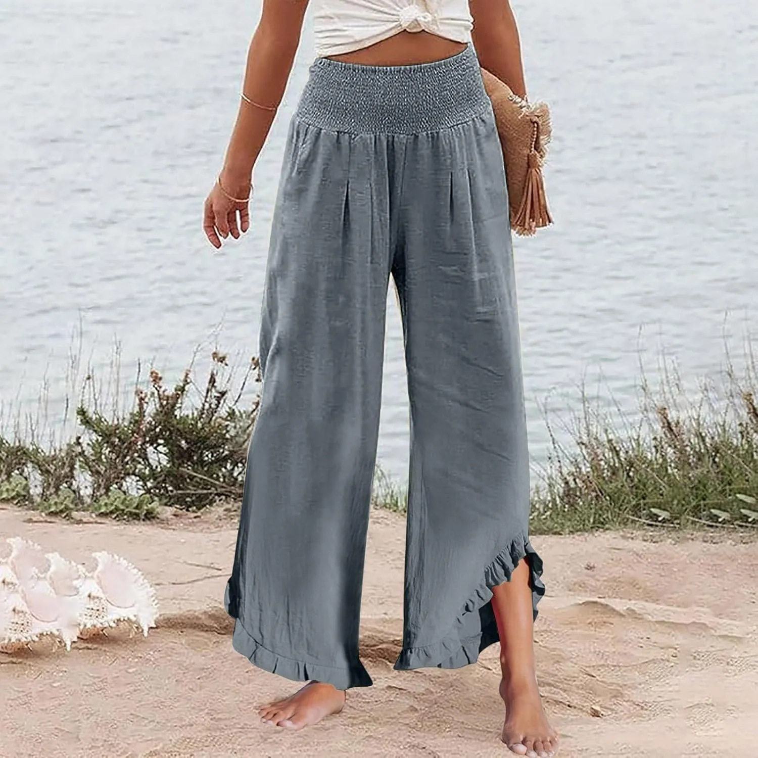 Wide Leg Pants Woman Flowy 2025 Summer Palazzo Trousers Dressy Cotton Linen Boho Long Pant Lounge with Pockets