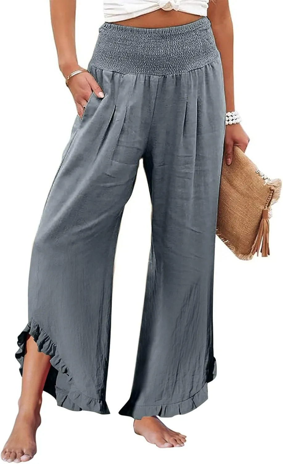 Wide Leg Pants Woman Flowy 2025 Summer Palazzo Trousers Dressy Cotton Linen Boho Long Pant Lounge with Pockets