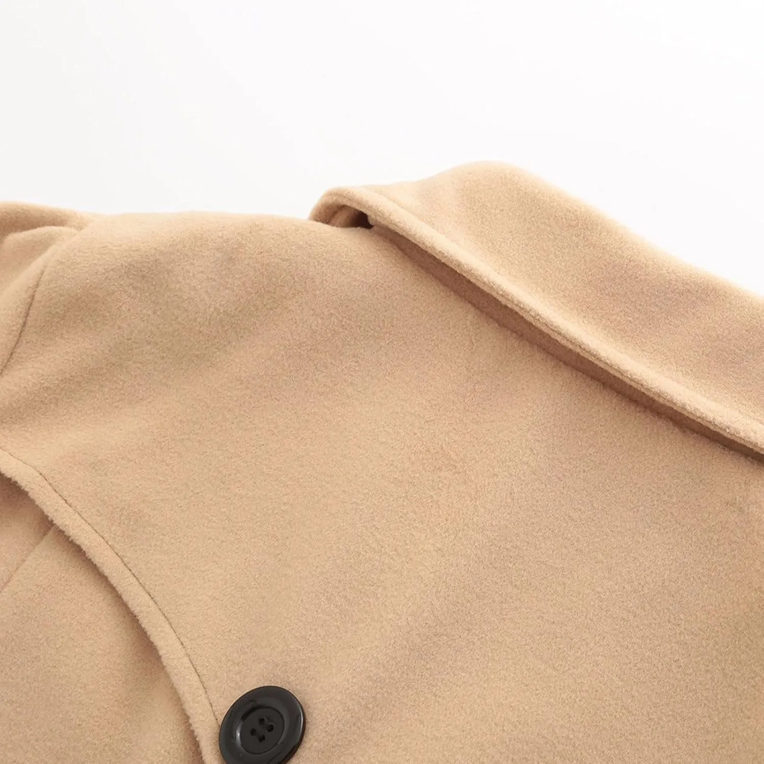 Women Fashion Lapel Double-Breasted Wool Trench Coat Winter Warm Long Sleeve Jacket A-Line Ruffle Hem Outwear with Belt
